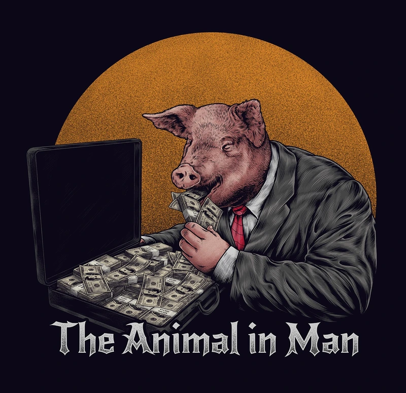 The Animal in Man — dark editorial illustration of a pig in a suit
