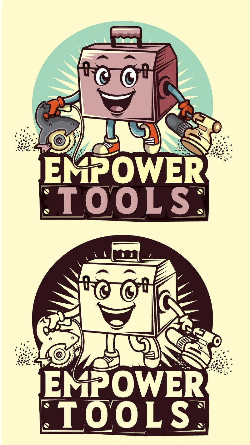 Empower Tools — retro mascot logo with a toolbox character