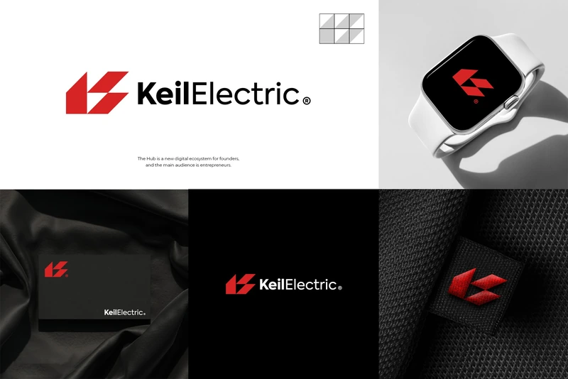 Keil Electric — minimal geometric logo with stationery mockups