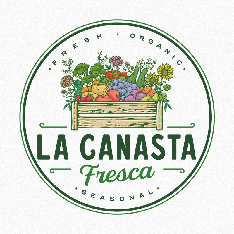 La Canasta Fresca — illustrative emblem logo with a fresh produce crate