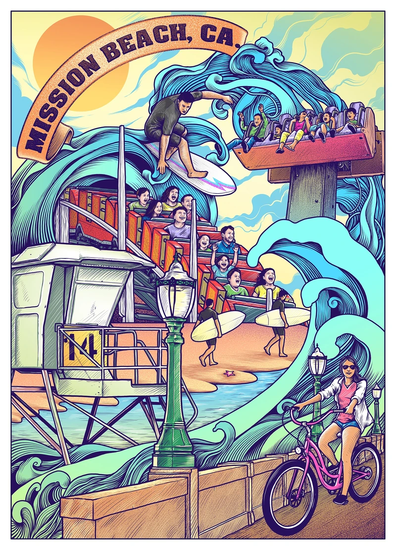 Mission Beach — retro travel poster illustration of Mission Beach, California